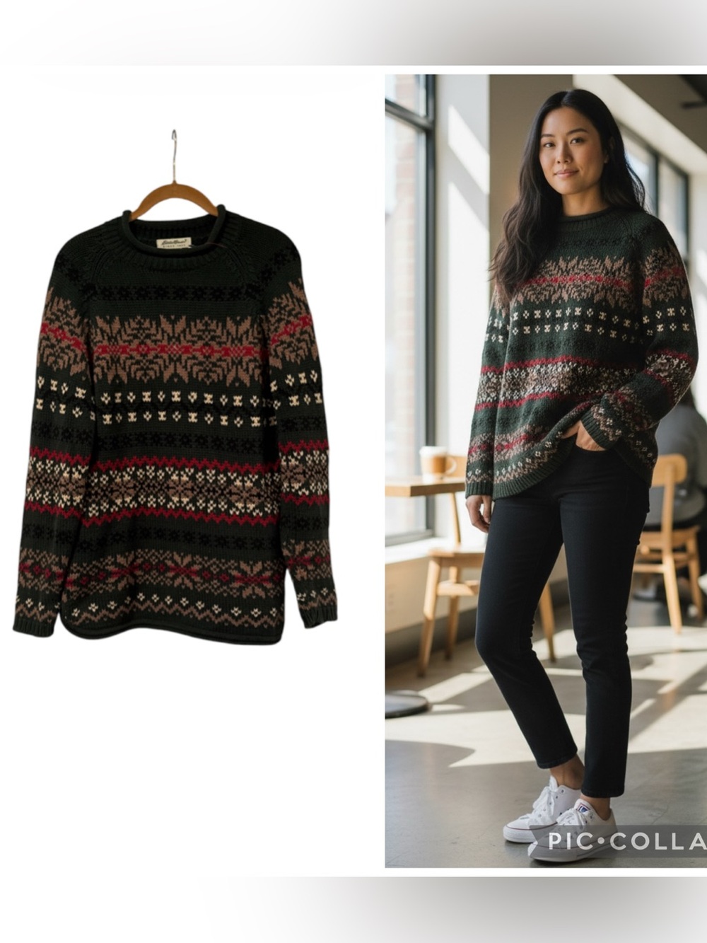 Eddie Bauer Fair Isle Nordic Cotton Sweater Green Red Nordic Knit Size S